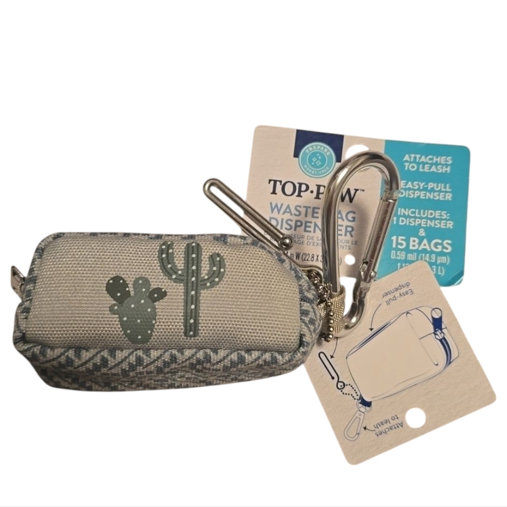 Top Paw Canvas Green Cactus Waste Bag Dispenser with 15 bags included NWT